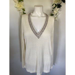 Izod Deluxe Sport Light Knit Sweater Women Size XL Ivory Brown Stitch V-Neck NWT